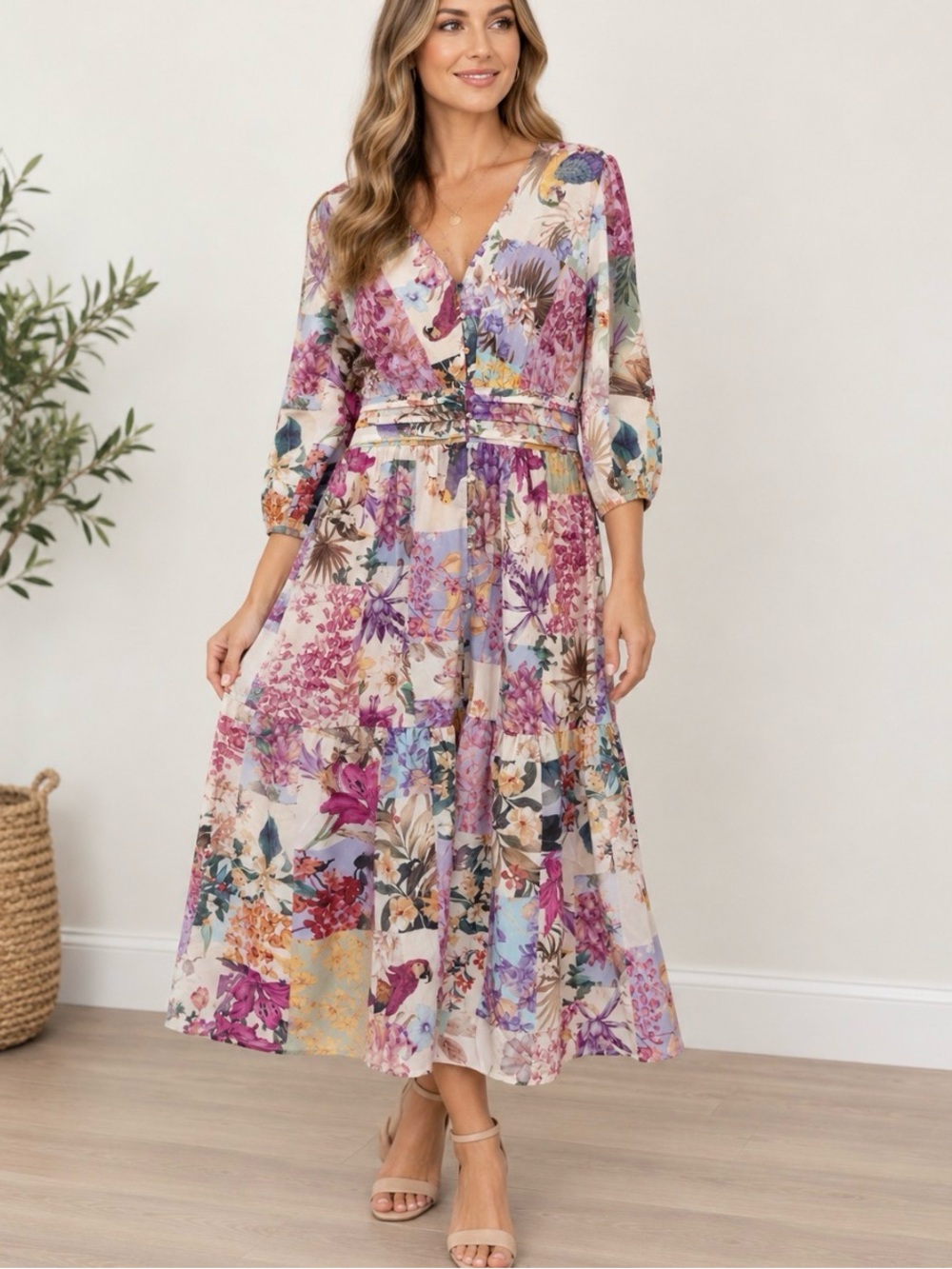 Floral Patchwork V-Neck boho cottagecore fairycore vacation Midi Dress in Multi
